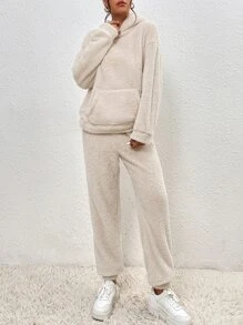 SHEIN Frenchy Drop Shoulder Kangaroo Pocket Teddy Hoodie & Pants