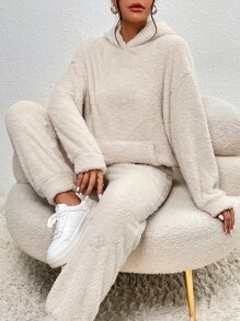 SHEIN Frenchy Drop Shoulder Kangaroo Pocket Teddy Hoodie & Pants