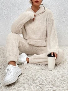 SHEIN Frenchy Drop Shoulder Kangaroo Pocket Teddy Hoodie & Pants