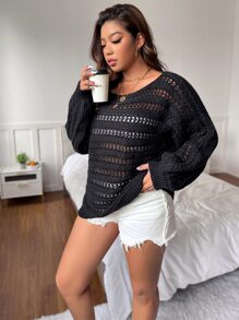 Calvaya Plus 1pc Batwing Sleeve Open Knit Jumper - Black - View 4