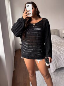 Calvaya Plus 1pc Batwing Sleeve Open Knit Jumper - Black - View 5