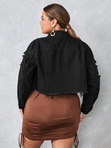 EMERY ROSE Plus Flap Pocket Ripped Raw Hem Denim Jacket