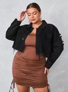 EMERY ROSE Plus Flap Pocket Ripped Raw Hem Denim Jacket