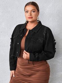 EMERY ROSE Plus Flap Pocket Ripped Raw Hem Denim Jacket