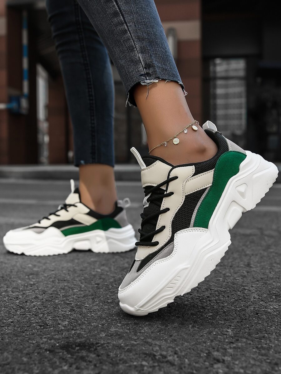 Color Block Lace-up Front Chunky Sneakers - Multicolor - View 1