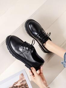 Lace-up Front Oxford Flats - Black - View 1