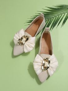 Fall/Winter Women Bow Decor Loafers, Faux Suede Point Toe Fashion Flats - Beige - View 3