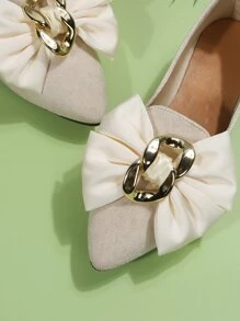 Fall/Winter Women Bow Decor Loafers, Faux Suede Point Toe Fashion Flats - Beige - View 2