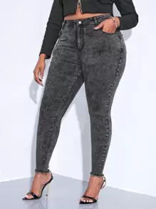 SHEIN SXY Quần Denim kích thước lớn Nút Túi Dây kéo Hem thô màu trơn - Màu xám đen - Xem 1