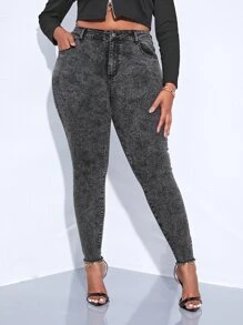 SHEIN SXY Quần Denim kích thước lớn Nút Túi Dây kéo Hem thô màu trơn - Màu xám đen - Xem 3