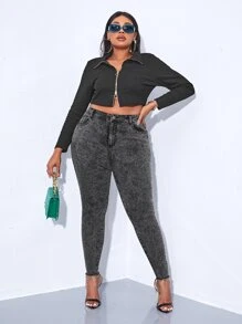 SHEIN SXY Quần Denim kích thước lớn Nút Túi Dây kéo Hem thô màu trơn - Màu xám đen - Xem 5