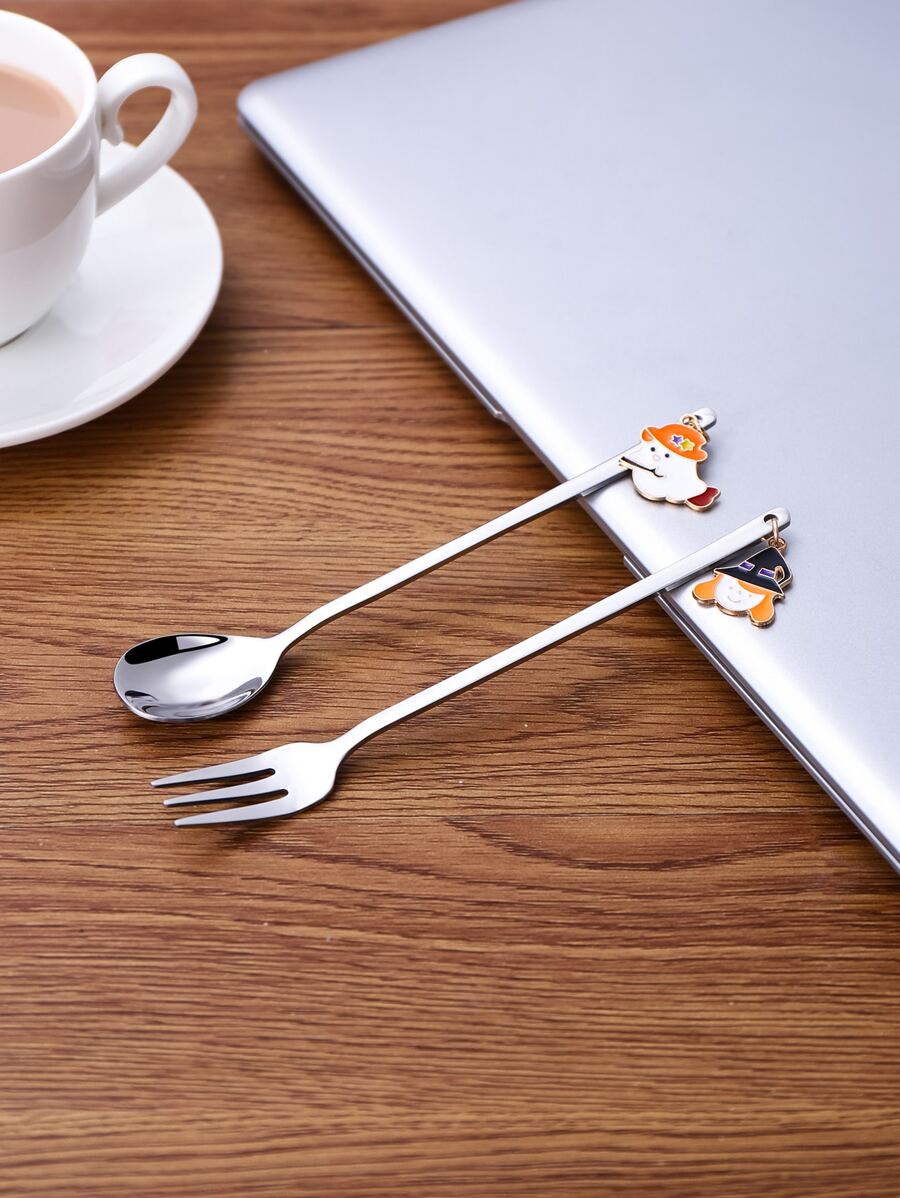 2pcs Stainless Steel Fork & Spoon - Silver - View 1