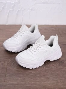 Patch Decor Lace-up Front Chunky Sneakers - White - View 1