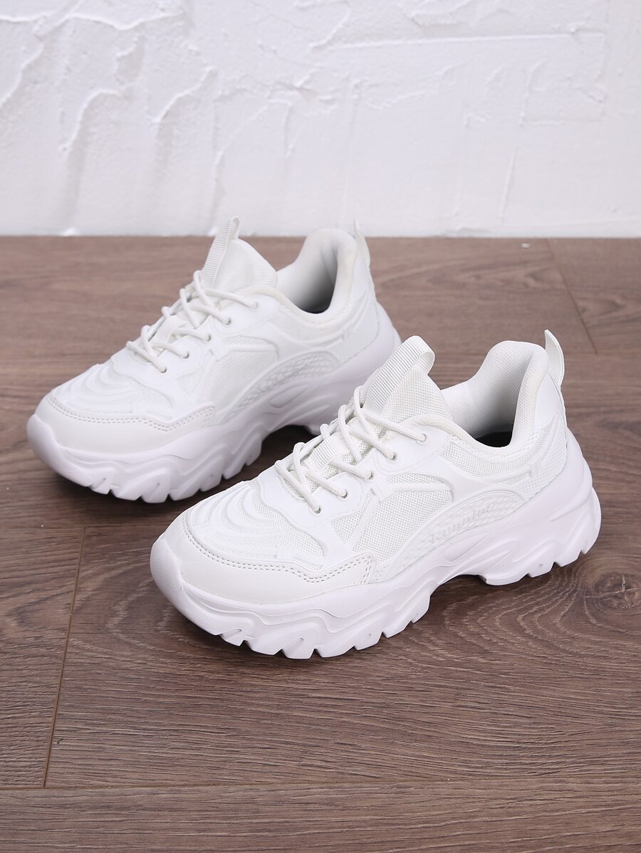 Patch Decor Lace-up Front Chunky Sneakers - White - View 1