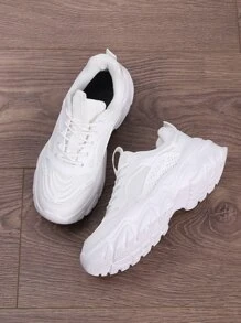 Patch Decor Lace-up Front Chunky Sneakers - White - View 4