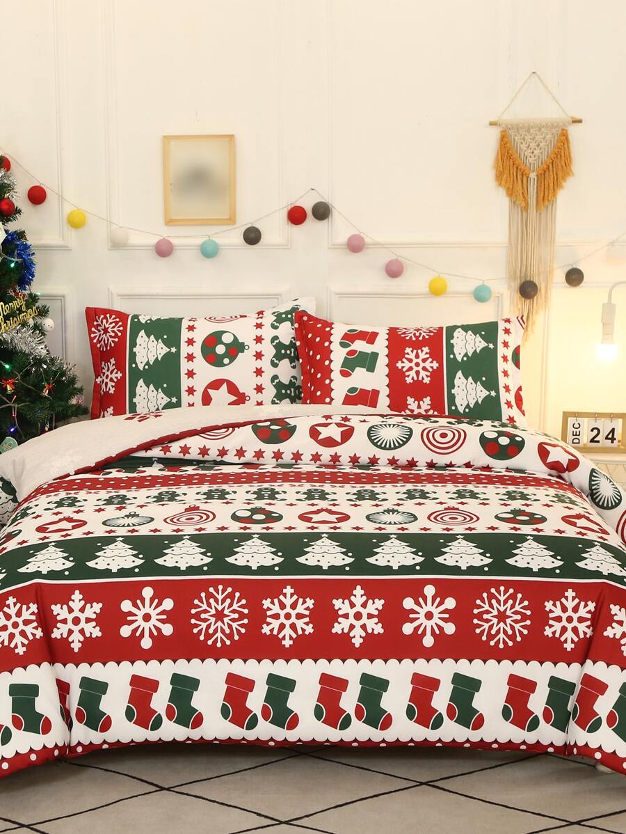 3pcs Multicolor Printed Red And Green Bedding Set - Multicolor - View 1