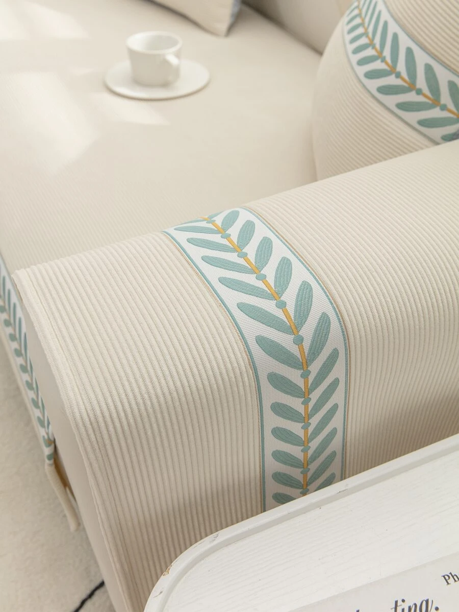 1pc Leaf Embroidery Sofa Armrest Cover - Beige - View 1