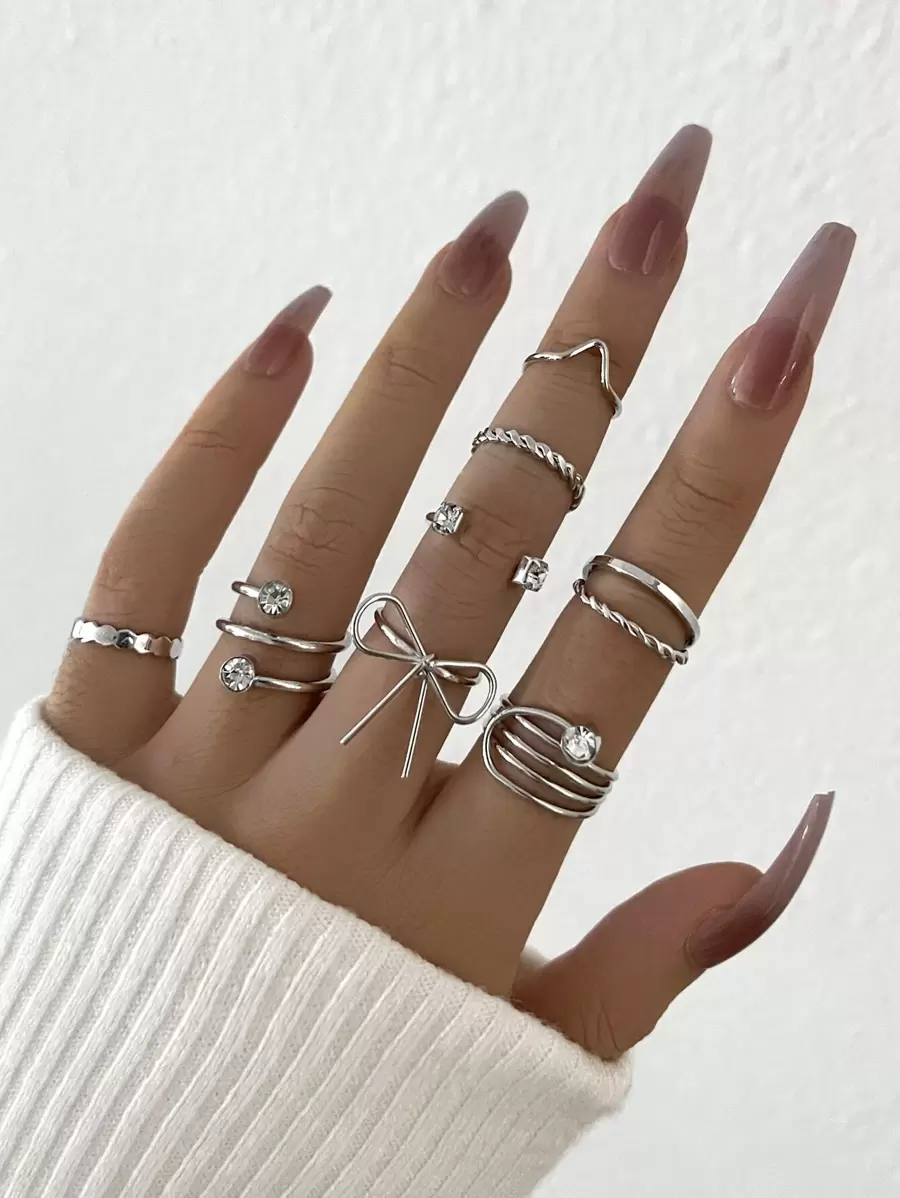 8 piezas Anillo con diseño diamante de imitación & de lazo - Plateado - Ver 1