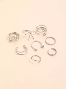 8pcs Rhinestone & Bow Decor Ring - Silver - View 2
