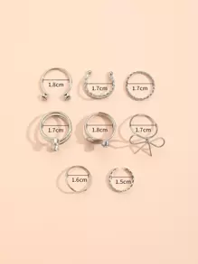 8pcs Rhinestone & Bow Decor Ring - Silver - View 4