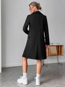 SHEIN Unity Women's Solid Color Lapel NeckDouble-Breasted Long Sleeve Casual Overcoat, Autumn/Winter - Black - View 2