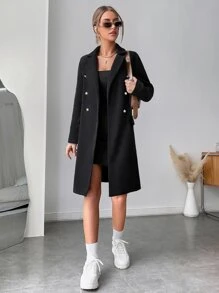 SHEIN Unity Women's Solid Color Lapel NeckDouble-Breasted Long Sleeve Casual Overcoat, Autumn/Winter - Black - View 3