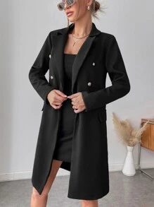 SHEIN Unity Women's Solid Color Lapel NeckDouble-Breasted Long Sleeve Casual Overcoat, Autumn/Winter - Black - View 5