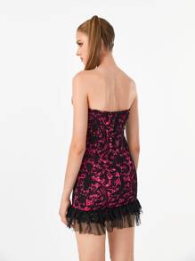 Manufactured Gold Mesh Ruffle Hem Lace Tube Dress - Multicolor - View 2