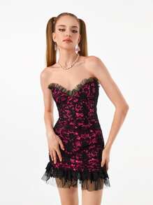 Manufactured Gold Mesh Ruffle Hem Lace Tube Dress - Multicolor - View 3