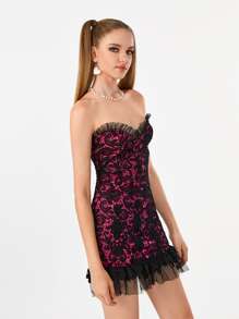 Manufactured Gold Mesh Ruffle Hem Lace Tube Dress - Multicolor - View 5