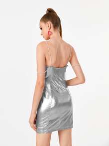 Manufactured Gold Đầm Lộ Lưng Cắt ra Ngọc trai màu trơn Buổi tiệc - Bạc - Xem 2