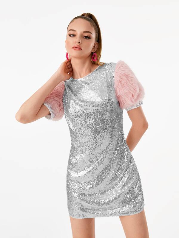 SHEIN X Manufactured Gold Contrast Fuzzy Puff Sleeve Sequin Dress