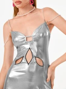 Manufactured Gold Đầm Lộ Lưng Cắt ra Ngọc trai màu trơn Buổi tiệc - Bạc - Xem 3