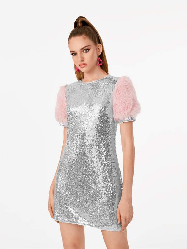 Manufactured Gold Contrast Fuzzy Puff Sleeve Sequin Dress SHEIN USA