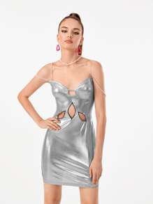 Manufactured Gold Đầm Lộ Lưng Cắt ra Ngọc trai màu trơn Buổi tiệc - Bạc - Xem 4