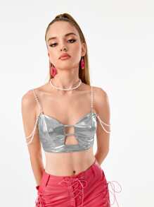 Manufactured Gold Cut Out Front Pearls Chain Strap Cami Top - Silver - View 1