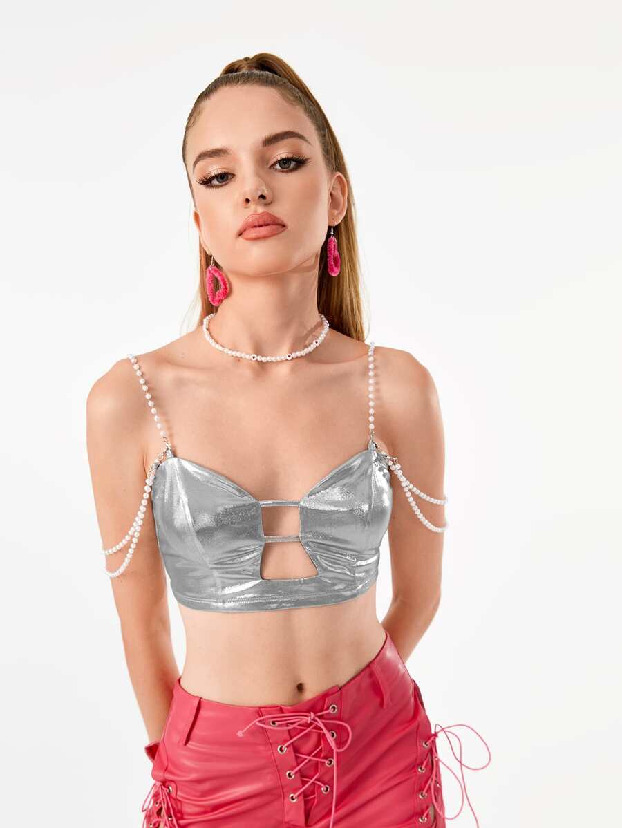 Manufactured Gold Cut Out Front Pearls Chain Strap Cami Top - Silver - View 1