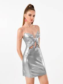 Manufactured Gold Đầm Lộ Lưng Cắt ra Ngọc trai màu trơn Buổi tiệc - Bạc - Xem 6