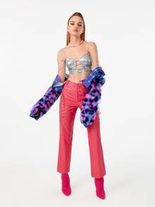 Manufactured Gold Cut Out Front Pearls Chain Strap Cami Top - Silver - View 3