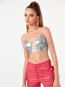 Manufactured Gold Cut Out Front Pearls Chain Strap Cami Top - Silver - View 4