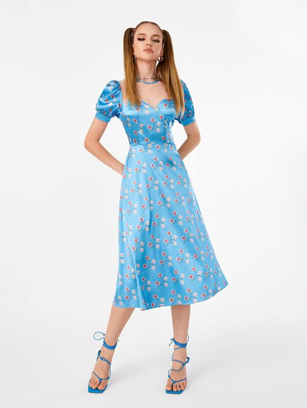 SHEIN X Manufactured Gold Mesh Yoke Floral Print Puff Sleeve Satin