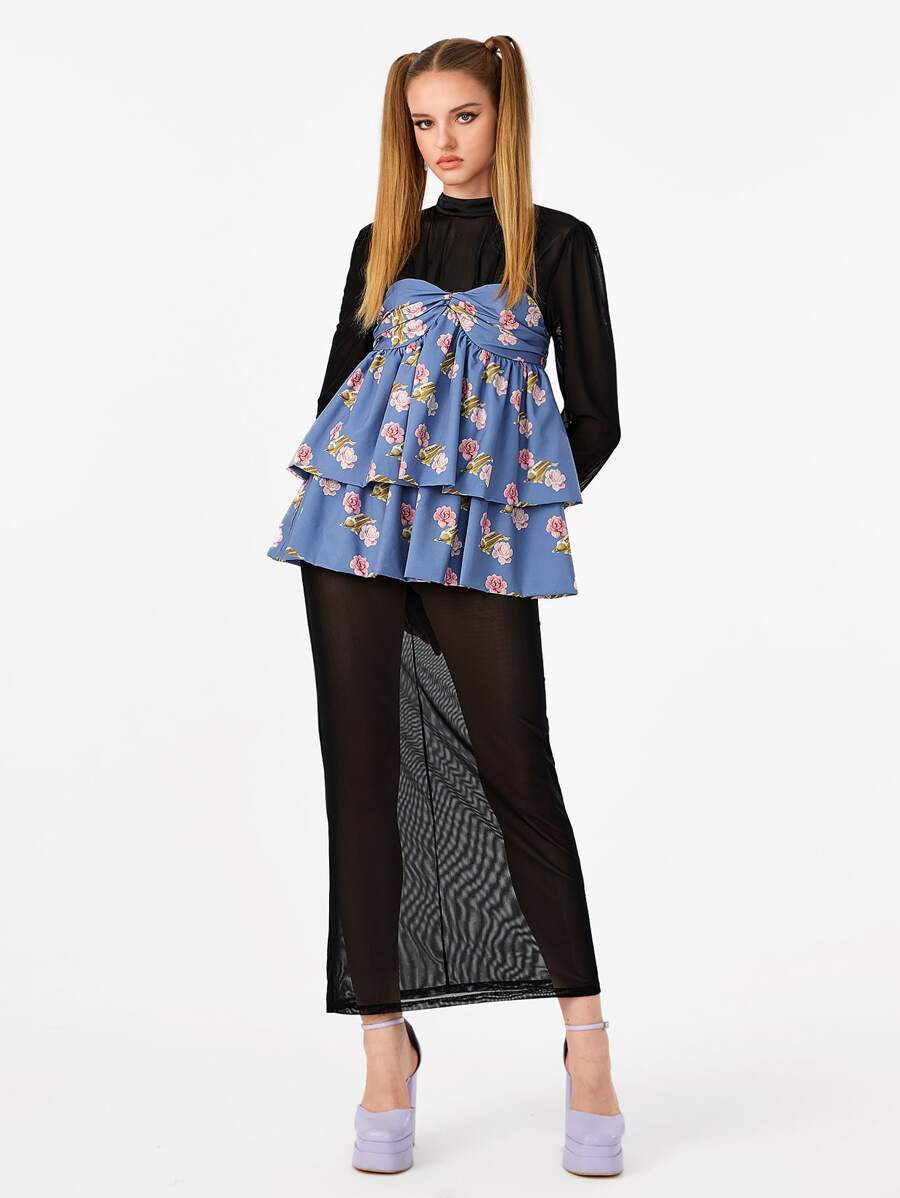 Manufactured Gold Floral Print Open Back Ruffle 2 In 1 Dress - Multicolor - View 1