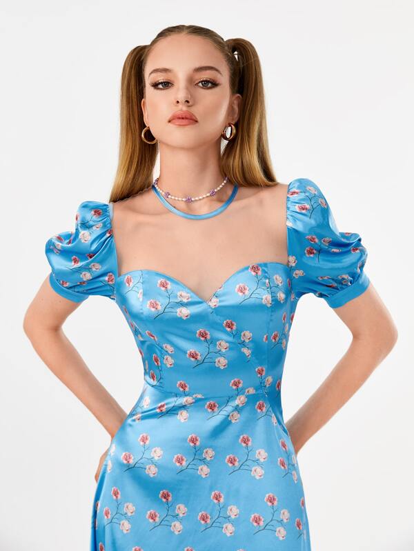 SHEIN X Manufactured Gold Mesh Yoke Floral Print Puff Sleeve Satin