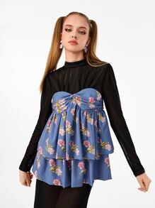 Manufactured Gold Floral Print Open Back Ruffle 2 In 1 Dress - Multicolor - View 5