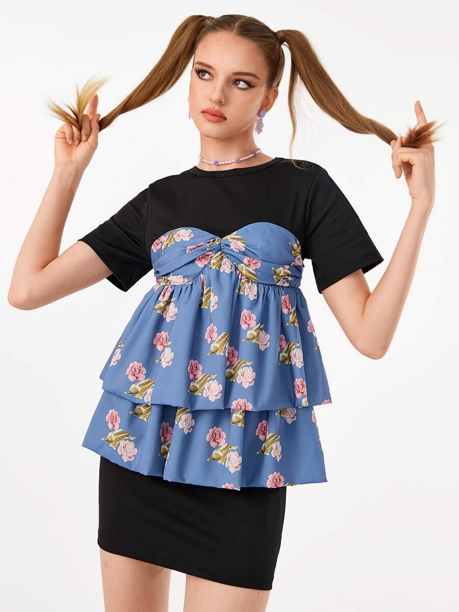 Manufactured Gold Designer Floral Print Two Layer Hem 2 In 1 Dress