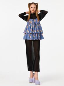 Manufactured Gold Floral Print Open Back Ruffle 2 In 1 Dress - Multicolor - View 6