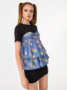 Manufactured Gold Designer Floral Print Two Layer Hem 2 In 1 Dress