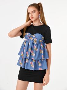 Manufactured Gold Designer Floral Print Two Layer Hem 2 In 1 Dress