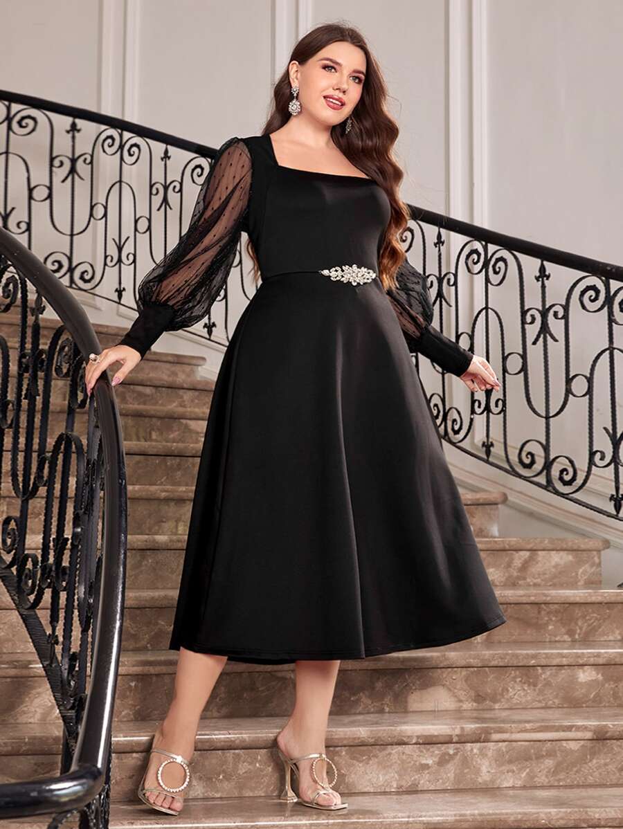 Modelyn Đầm Plus Size Tương phản Mesh Pha lê kim cương màu trơn Buổi tiệc - màu đen - Xem 1