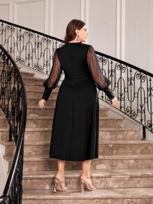 Modelyn Đầm Plus Size Tương phản Mesh Pha lê kim cương màu trơn Buổi tiệc - màu đen - Xem 2